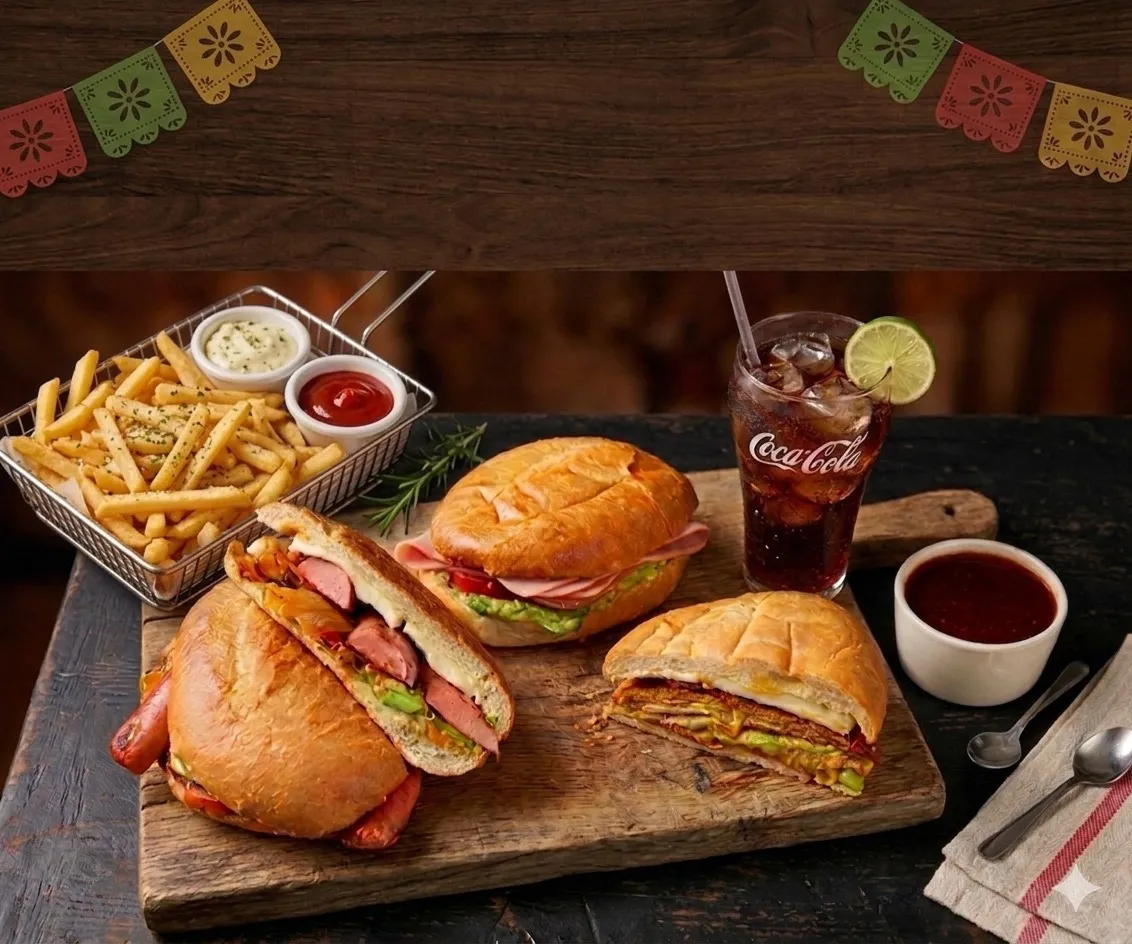 Tortas, papas a la francesa y salsas en una tabla