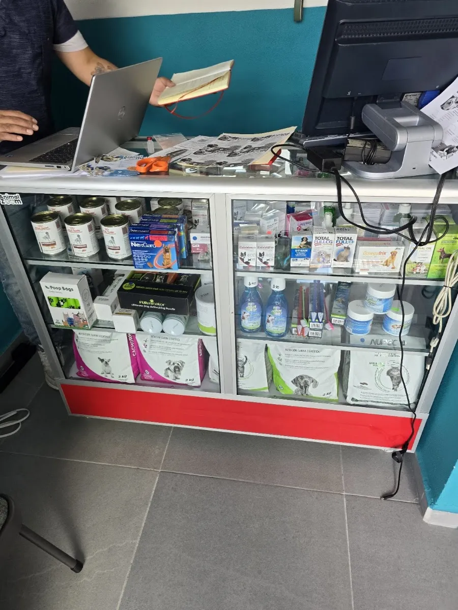 Recepción con la vitrina de medicamentos