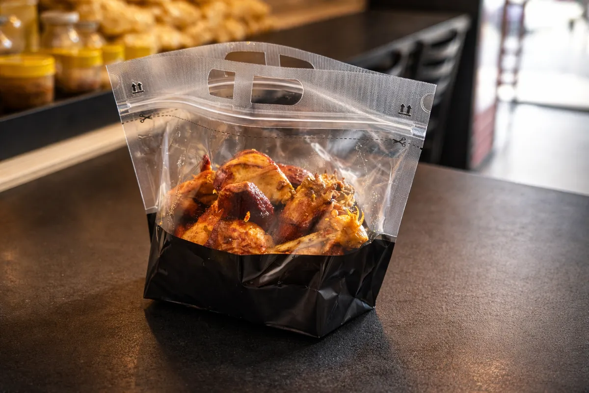 Pollo rostizado en una bolsa para llevar
